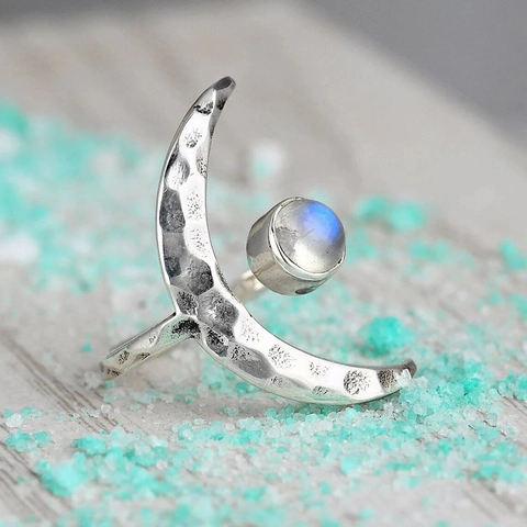 Moon Shape Open Ring Copper Faux Moonstone Hammered Texture Vintage Bohemian Jewelry For Women Adjustable