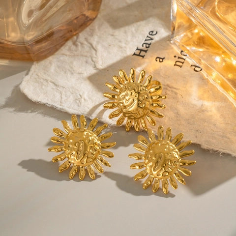 Retro Sonne Gehämmert Stecker Ohrringe Und Ring 304 Edelstahl Vergoldet Wasserdicht Hypoallergen Elegant Schmuck Für Frauen