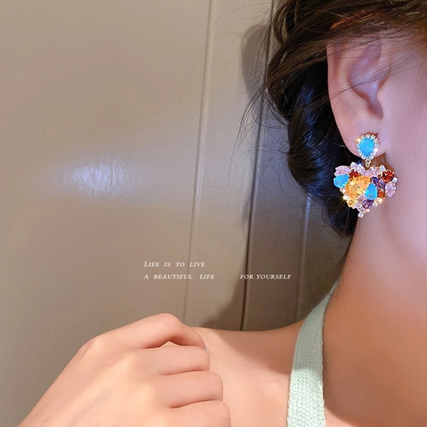 Orecchini A Lobo A Forma Di Cuore Con Strass Colorati E Perno In Argento Gioielli Retrò Di Lusso Stile Corte Per Donna