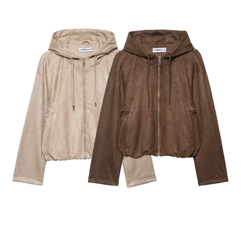 Veste À Capuche Pour Femmes Aspect Daim Fermeture Éclair Coupe Ample Streetwear Décontracté Manches Longues Couleur Unie
