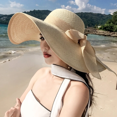 Women Wide Brim Straw Sun Hat Foldable Beach Vacation Elegant Ribbon Bowknot Summer Sun Protection Breathable