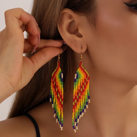 Handmade Beaded Tassel Earrings Long Fringe Drop Bohemian Ethnic Style Colorful Rainbow Glass Seed Beads For Women