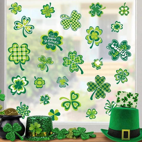 St Patricks Day Window Stickers Green Shamrock Clover Wall Decals PVC Self Adhesive Holiday Festive Home Decoration