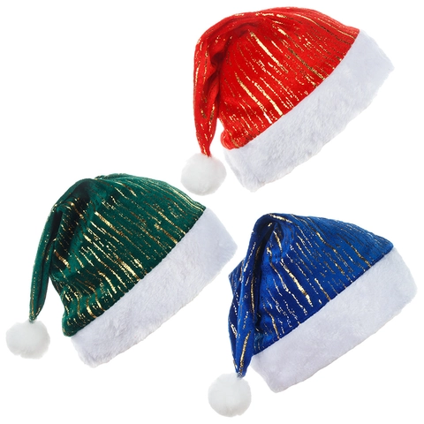 Christmas Hat Velvet Gold Foil Striped Pattern Santa Cap With Plush Trim Pom Pom For Holiday Party Decoration