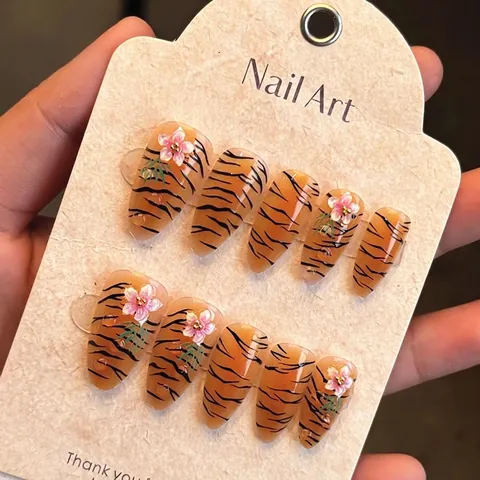 Press On Nails Almond Artificial False Nails Orange Tiger Stripes 3D Pink Flowers Green Leaves Plastic Resin Women