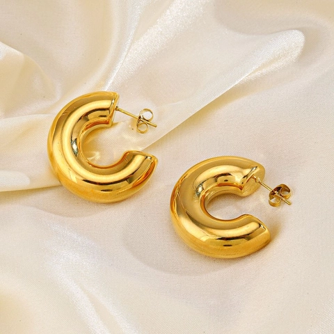 Klobige C-Förmige Creolen Edelstahl 18K Vergoldet Europäische Mode Geometrischer Hip-Hop-Schmuck Für Frauen