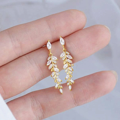 Elegant Leaf Dangle Earrings Copper Marquise Cubic Zirconia Wheat Ear Drop Jewelry For Women Wedding Party Prom