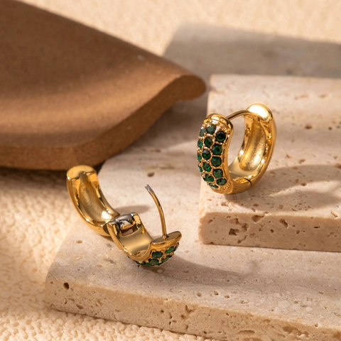 Franse Vintage Titanium Staal Creolen Smaragdgroen Zirconia Bloem Ontwerp Goud Zilver Vergulde Dames Sieraden Oorbellen
