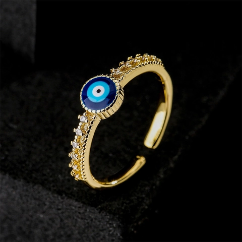 Evil Eye Adjustable Opening Ring Copper 18K Gold Plated Micro Pave Cubic Zirconia Lucky Blue Eye Jewelry