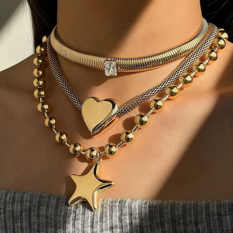 Collana Con Pendente A Cuore E Stella In Acciaio Inossidabile 304 Donne Hip Hop Esagerato Zircone Catena A Serpente Gioielli Oro PVD Placcato