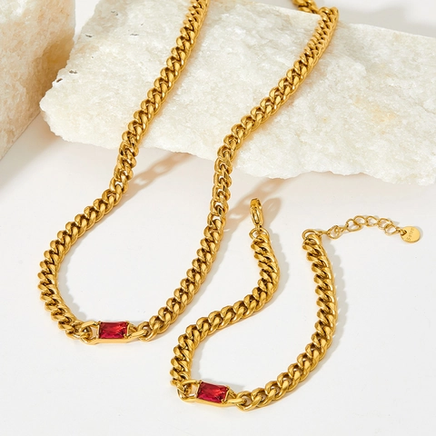Bijoux En Acier Inoxydable Collier Bracelet Pour Femmes Chaîne Cubaine Avec Zircone Cubique Rectangulaire Style Hip Hop Poli