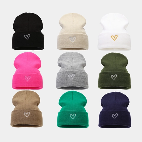 Heart Embroidery Knit Beanie Hat Acrylic Warm Winter Cuffed Skull Cap For Men Women Solid Color