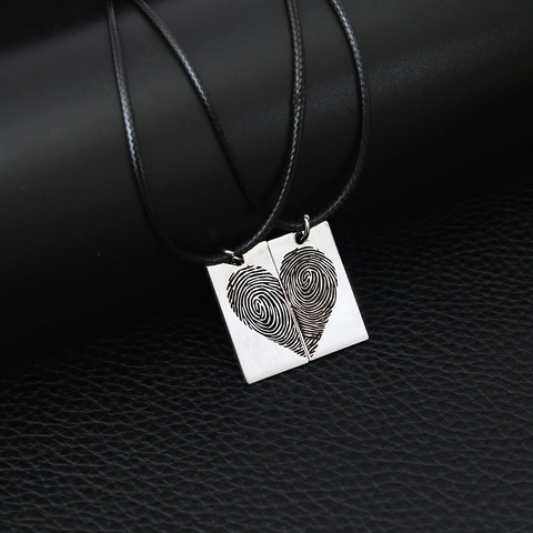 Fingerprint Heart Puzzle Matching Pendant Necklace Stainless Steel Wax Rope Jewelry For Couples Trendy Unique Valentine