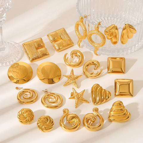 Pendientes De Acero Inoxidable Chapado En Oro De 18K Geométricos Corazón Serpiente Estrella De Mar Vintage Para Mujer