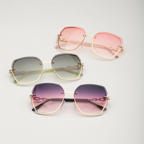 Women Oversized Rimless Sunglasses Gradient Lens UV400 Protection Metal Chain Temples Fashion Outdoor Travel Polygon Eyewear