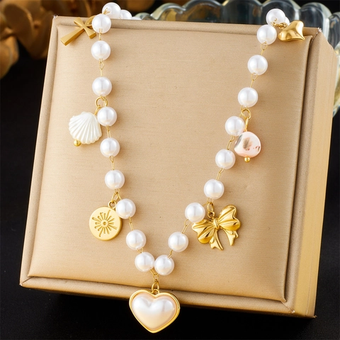 Collar De Perlas Artificiales De Imitación De Acero Inoxidable Con Colgantes De Corazón Lazo Concha Cruz Joyería Retro Para Mujer