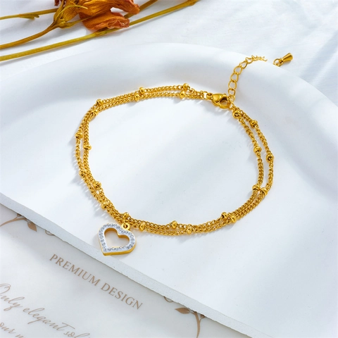 Double Layer Heart Pendant Anklet Stainless Steel Metal Beads White Zircon Minimalist Summer Beach Jewelry For Women