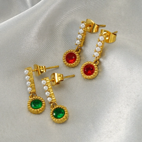 Orecchini A Perno Pendenti Tondi Vintage Acciaio Inossidabile Placcato Oro 18K Con Perla Artificial Bianca E Zircone Colorato Per Donna Gioielli Eleganti