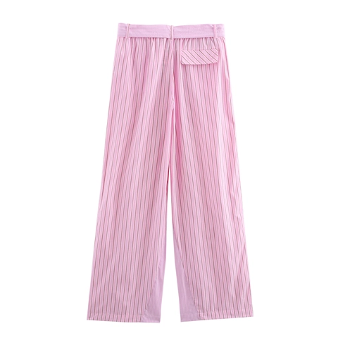 Dames Gestreepte Broek Wijde Pijpen Knoopriem Strik Rechte Broek Casual Polyester Zoete Stijl Roze Wit Gestreept