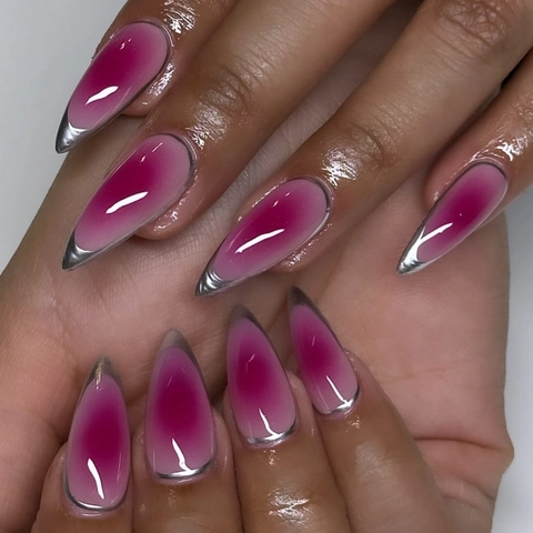 Faux Ongles Amande Dégradé Rose Rouge Brillant Gelée Bord Argent Métallisé French Tip Élégant Pour Femmes