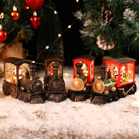 Palla Di Neve Treno Di Natale Lanterna Ad Acqua LED Fiocco Di Neve Glitterato Vintage Retro Dipinto Regalo Da Scrivania