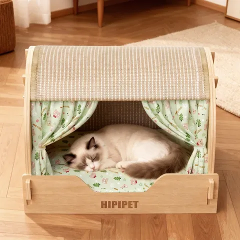 Wood Cat House Bed With Sisal Scratcher Arched Semi Enclosed Nest Including Curtains And Cushion For Indoor Kittens