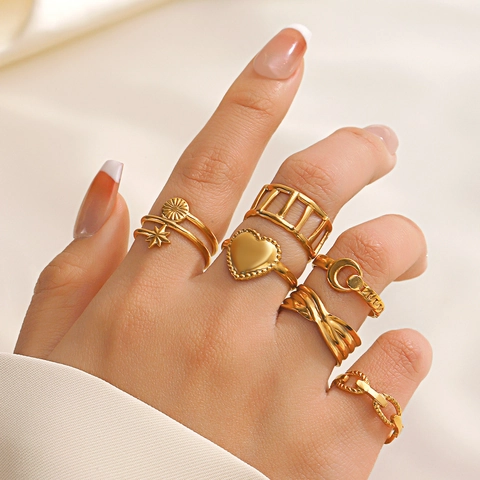 Anillos De Acero Inoxidable Chapado En Oro Diseño Abierto Ajustable Estrella Luna Corazón Joyería Para Mujeres