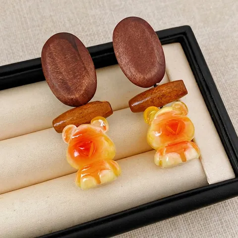Cute Bear Drop Earrings Wood Resin Patchwork Retro Forest Style Fashion Jewelry With Silver Earring Post For Women
