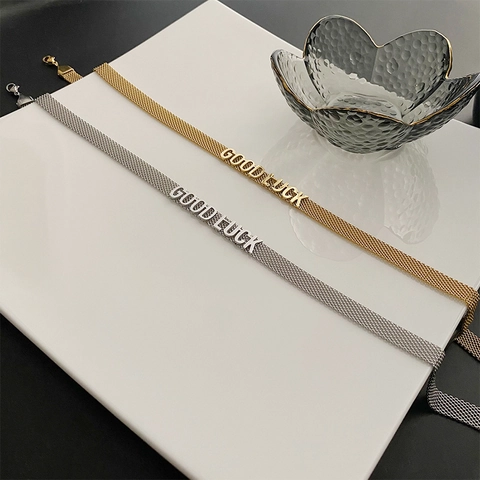 Collar Choker Con Letras Good Luck De Acero De Titanio Para Mujer Cadena De Malla Milanesa Joyería Minimalista
