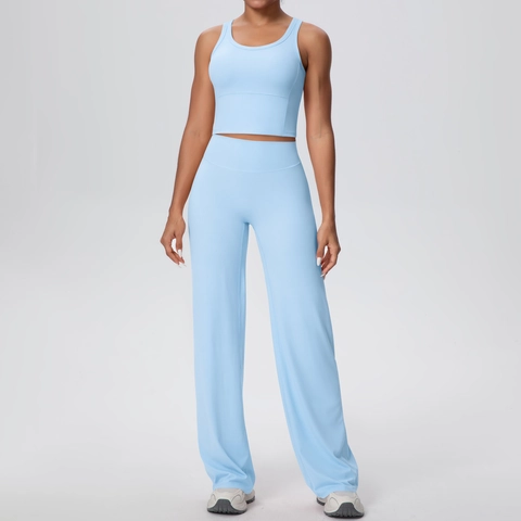 Women Sportswear Outfit Polyamide Quick Dry High Waist Yoga Wide Leg Pants Tank Top Breathable Solid Color Fitness