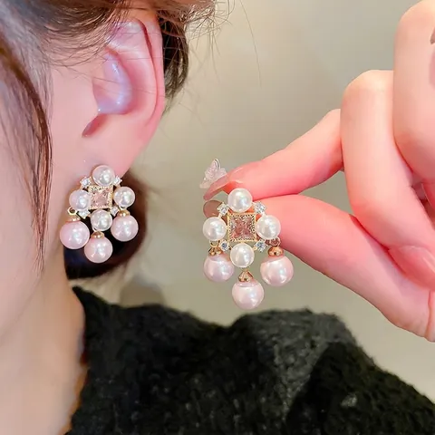 Vintage Palace Earrings Pink Square Zircon Pink Artificial Pearl Tassel Gold Plated Copper With 925 Sterling Silver Earring Post