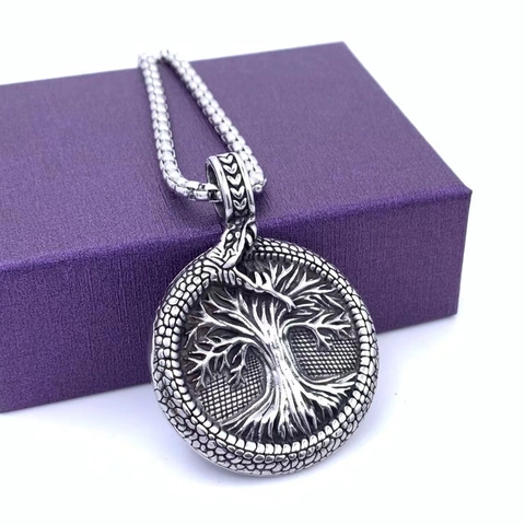Viking Tree Of Life Pendant Necklace Stainless Steel Ouroboros Snake Nordic Runes Vegvisir Compass Retro Punk For Men