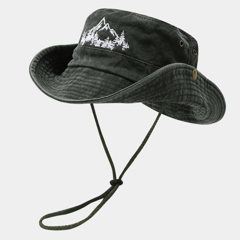 Washed Cotton Boonie Hat Vintage Mountain Embroidery Wide Brim Sun Hat With Windproof Rope For Outdoor Hiking Camping