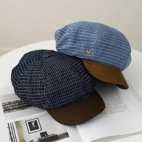 Cappello Newsboy Da Donna Tessuto A Maglia Scozzese Vintage Con Tesa In Ecopelle Patchwork Colore A Contrasto Ottagonale