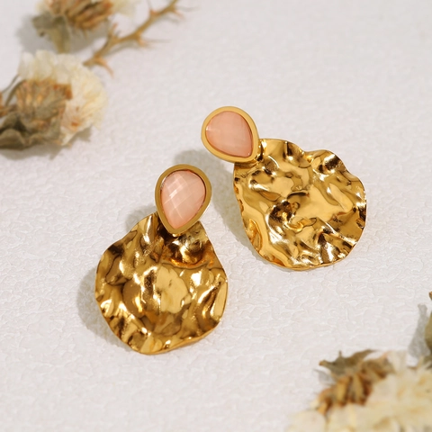 Vintage French Rose Quartz Drop Earrings With Stainless Steel Earring Post 18K Gold Plated Hammered Texture For Women