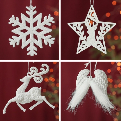 Christmas Hanging Ornaments White Glitter Snowflake Reindeer Angel Wings Star Holiday Tree Decorations