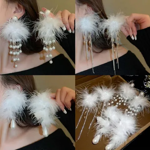 Elegant Faux Artificial Pearl Feather Long Tassel Earrings With 925 Sterling Silver Earring Post Rhinestone Flower Drop For Women