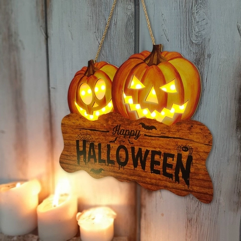 Letrero Colgante Calabaza Halloween Madera LED Iluminado Decoración Pared Puerta Happy Halloween Patrón Murciélago