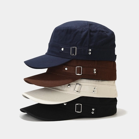Cappello Cadet In Cotone Retrò Berretto Militare A Cima Piatta Con Fibbia In Metallo Decorazione Rivetto Regolabile Uomini