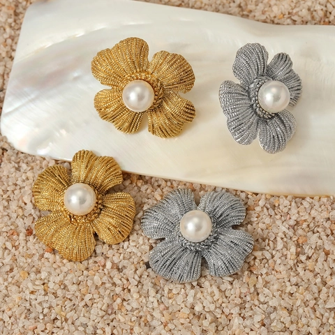 Orecchini A Fiore Texturizzati Vintage Con Perla Artificial Acciaio Inossidabile Gioielli Floreali Eleganti Per Donna Borchie Floreali