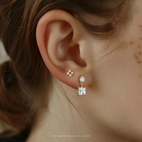 925 Sterling Silver Zirconia Stud Earrings Star Moon Flower Geometric Gold Plated Earrings For Women Fashion Jewelry Accessory