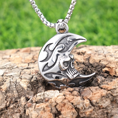 Collana Con Ciondolo Teschio Luna Punk Gotico Acciaio Inossidabile Vintage Intagliato Mezzaluna Gioielli Hip Hop Da Uomo