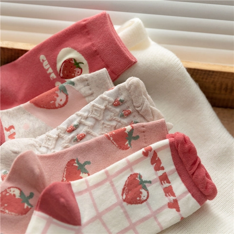 Women Cotton Blend Crew Socks Sweet Strawberry Pattern Pink Beige Preppy Style Cute Girl Letter Embroidery Breathable Soft