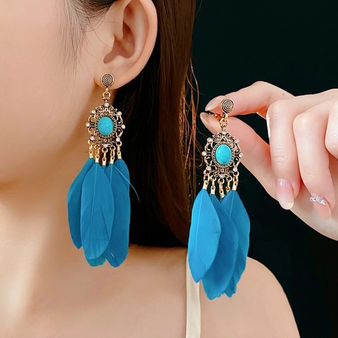Bohème Feder Tropfen Ohrringe Vintage Ethnic Legierung Strass Synthetischer Türkis Mit Silver Earring Post Für Damen