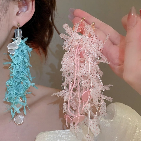 Pendientes Largos De Borla Floral Con 925 Sterling Silver Earring Post Resina Cristal Concha Tela Encaje Estilo Bohemio