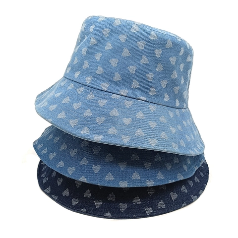 Cappello Pescatora Denim Motivo Cuori Vintage Protezione Solare Cotone Donna Uomo Moda Coreana Casual Viaggio
