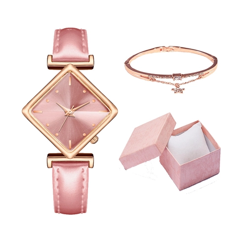 Dames Quartz Horloge En Armband Mode Sieraden Cadeau Voor Dames Ruit Wijzerplaat Eenvoudig Analoog Kunstlederen Bandje Elegant