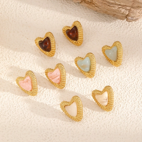 Vintage Heart Stud Earrings With Gold Braided Stainless Steel Border And Marble Resin Center Elegant Jewelry For Women