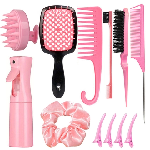 Professional Hair Styling Tools Collection With Spray Bottle Hollow Massage Comb Rat Tail Comb Wide Tooth Comb Hair Clips Ties