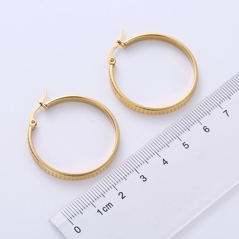 Hoop Earrings Gold Plated Stainless Steel Grid Texture Flattened Tic-Tac-Toe Pattern Modern Fashion Jewelry For Women